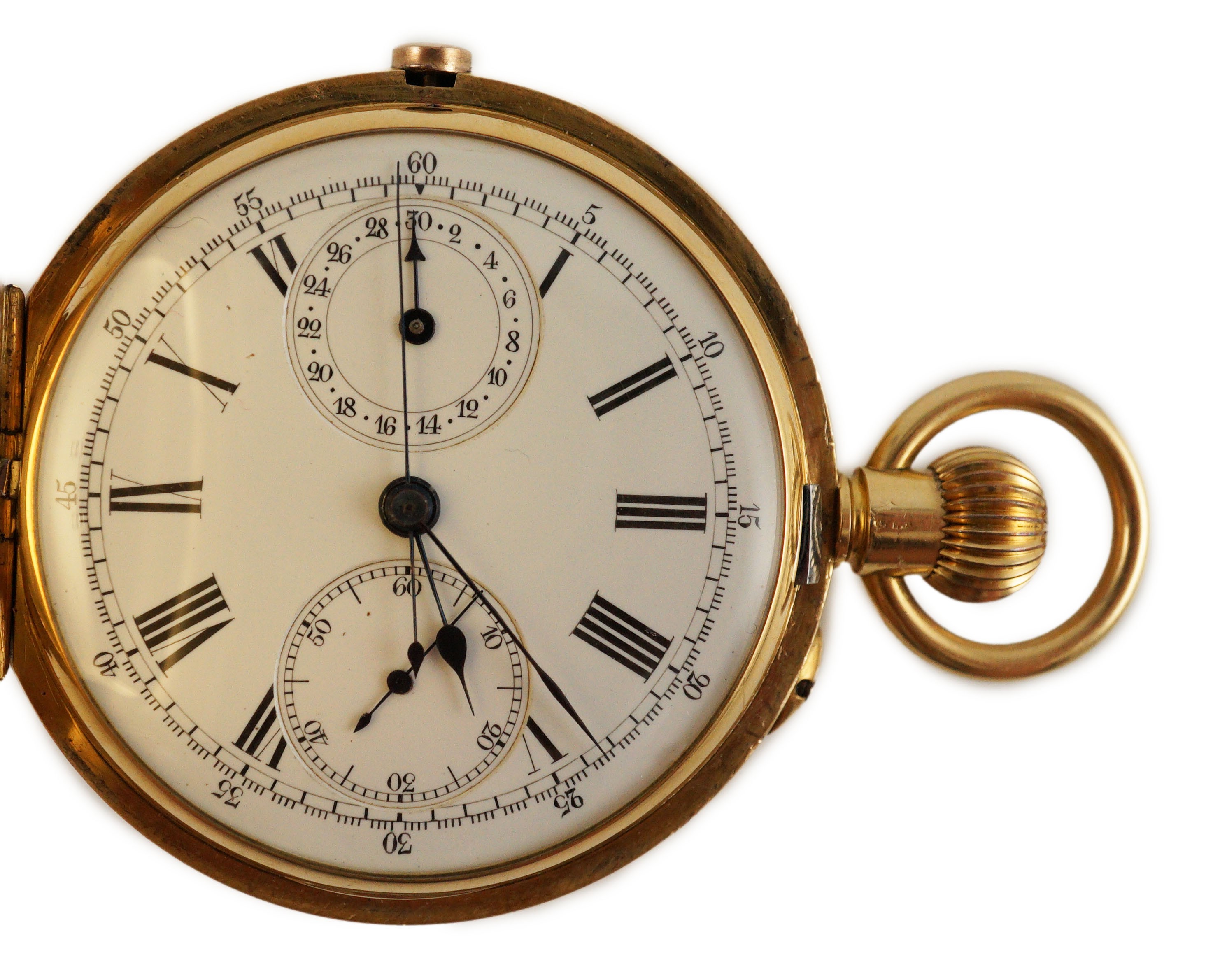 An early 20th century Swiss 18ct gold hunter keyless chronograph pocket watch